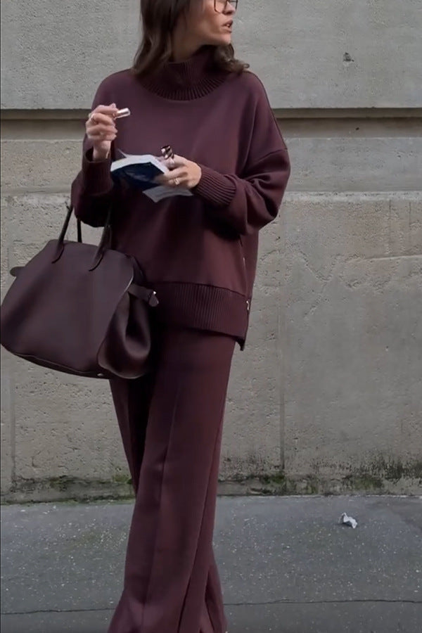 Solid Zippered Sweatshirt and Sweatpants Two-Piece Set