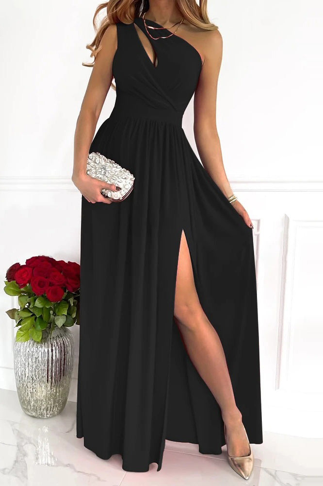 Solid One Shoulder High Slit Maxi Dress