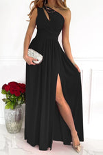 Solid One Shoulder High Slit Maxi Dress