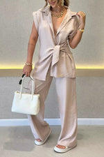 Tie-Waist Shirt and High-Waisted Pants Two-Piece Set