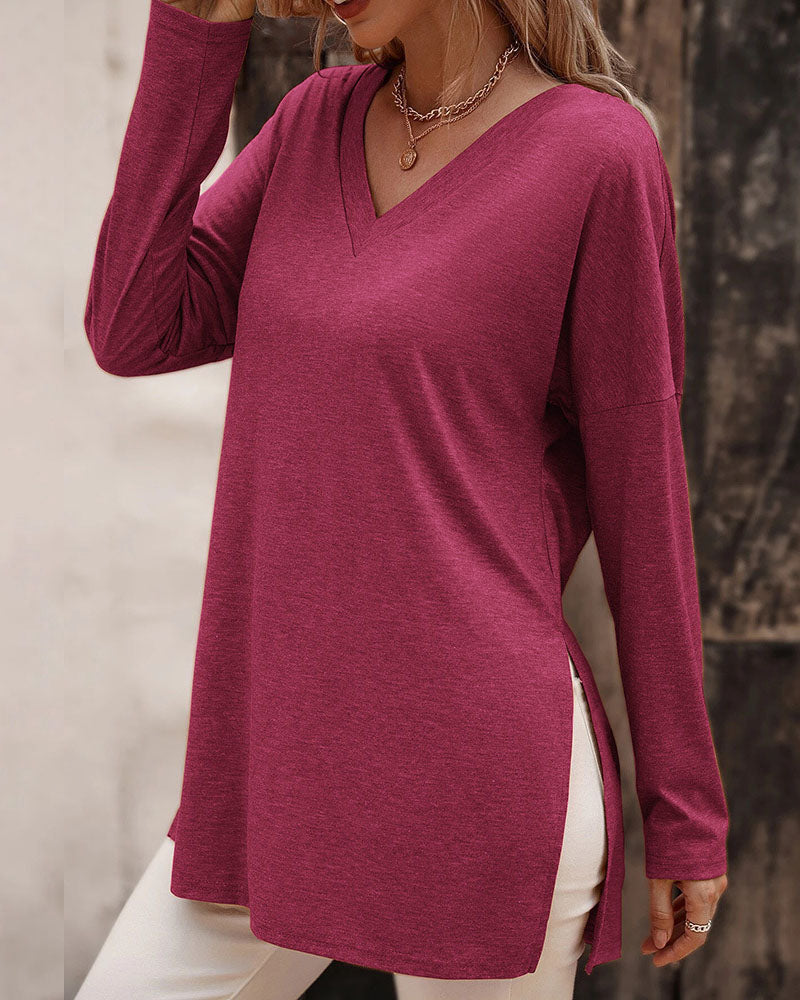Solid Long-sleeved Side Split T-shirt