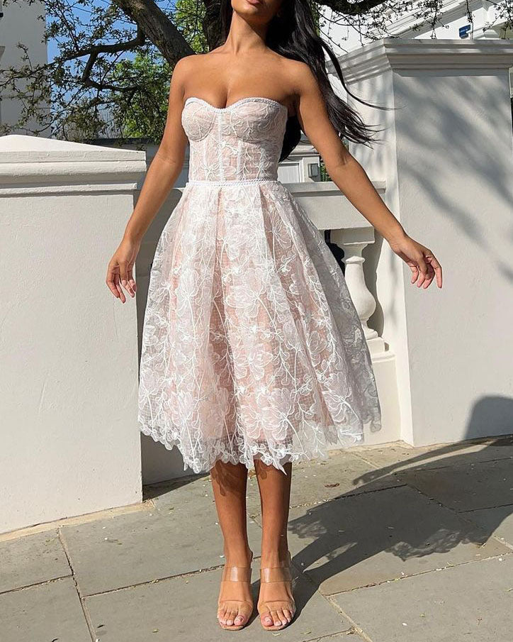Fashion Embroidered Lace Bandeau Midi Dress