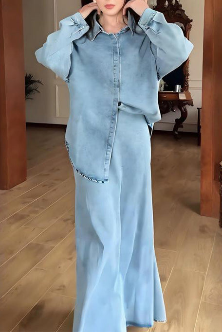 Blue Denim Shirt and Maxi Denim Skirt Two Piece Sets