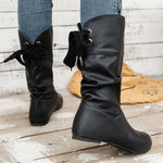 Back-Tie Trim Mid-Calf Leather Boots