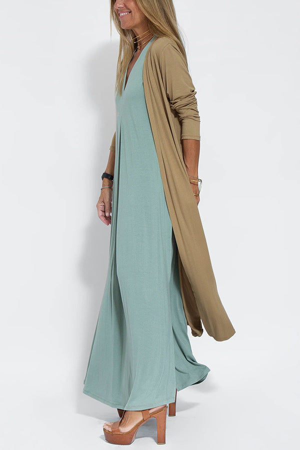 Casual Sleeveless Midi Dress and Long Cardigan Two-Piece Suit