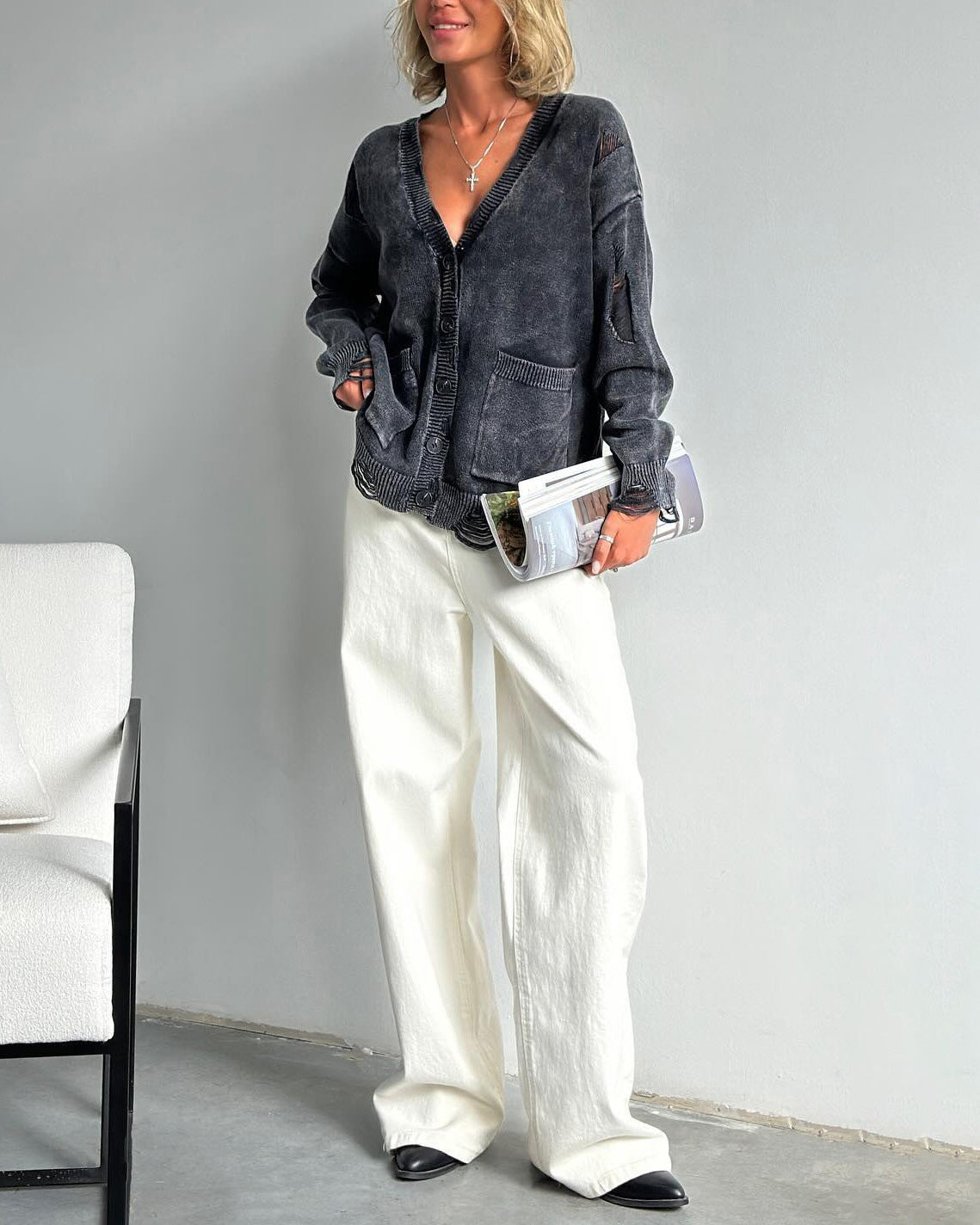 Distressed Front Button Down Cardigan