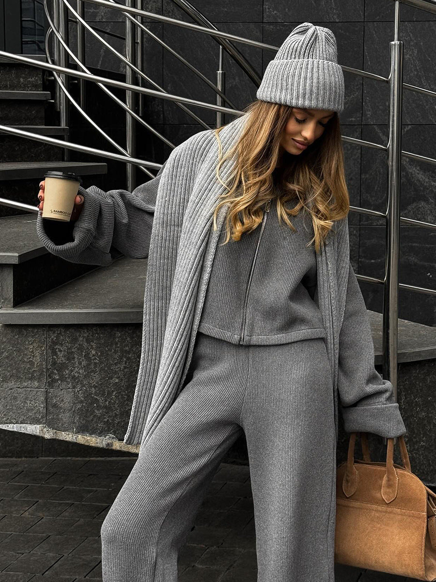 Ribbed Knit Zippered Jacket and Pants Two-Piece Suit