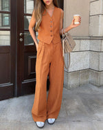 Comfortable Sleeveless Vest and Pants Linen Two Piece Suits