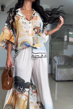 Panoramic Printed Chiffon Shirt and Wide-Leg Pants Two-Piece Set