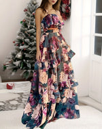 Navy Floral Crop Top and Layered Skirt Two-Piece Set
