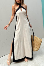 Contrast Crossover Halter Neck Midi Dress