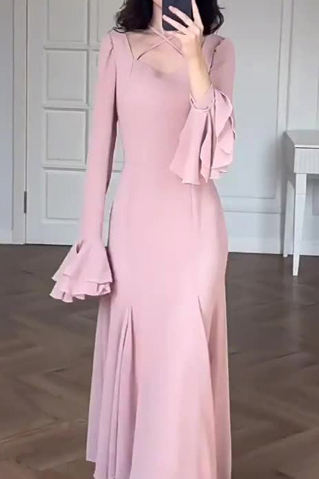 Pink Crossover Neck Flounced Cuff Maxi Dress