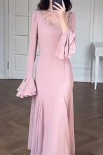 Pink Crossover Neck Flounced Cuff Maxi Dress