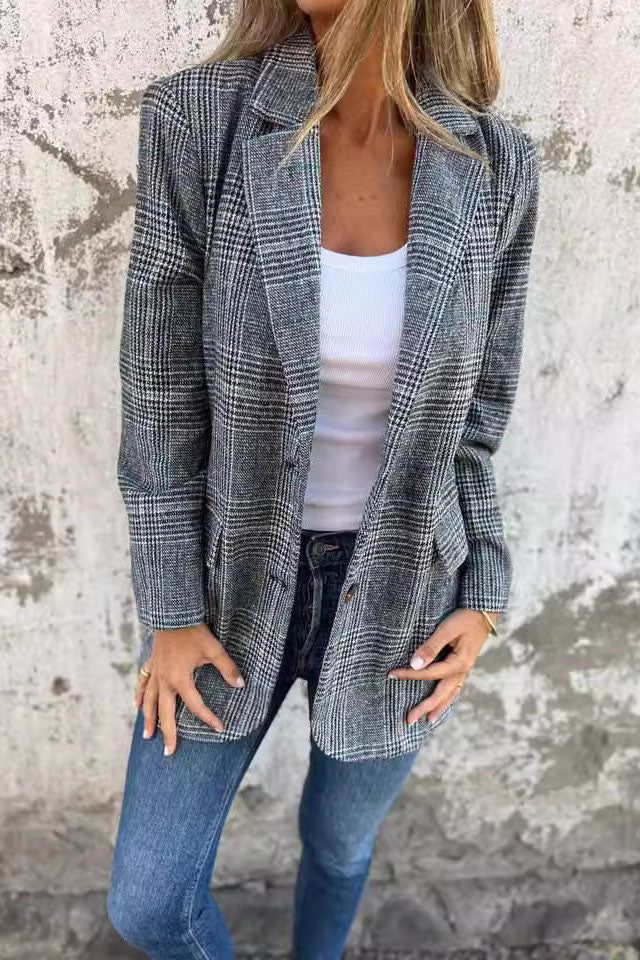 Casual Plaid Print Long Blazer Jacket