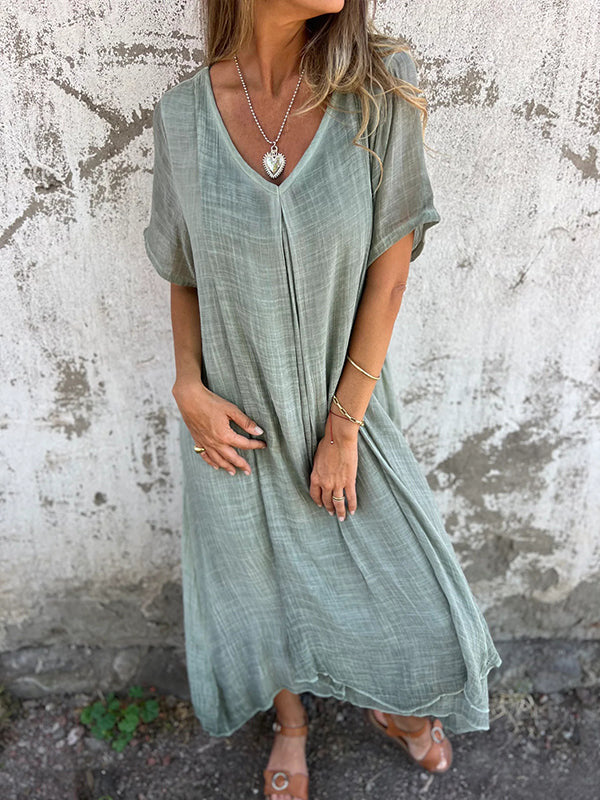 Comfy Short Sleeve Linen Midi Dress