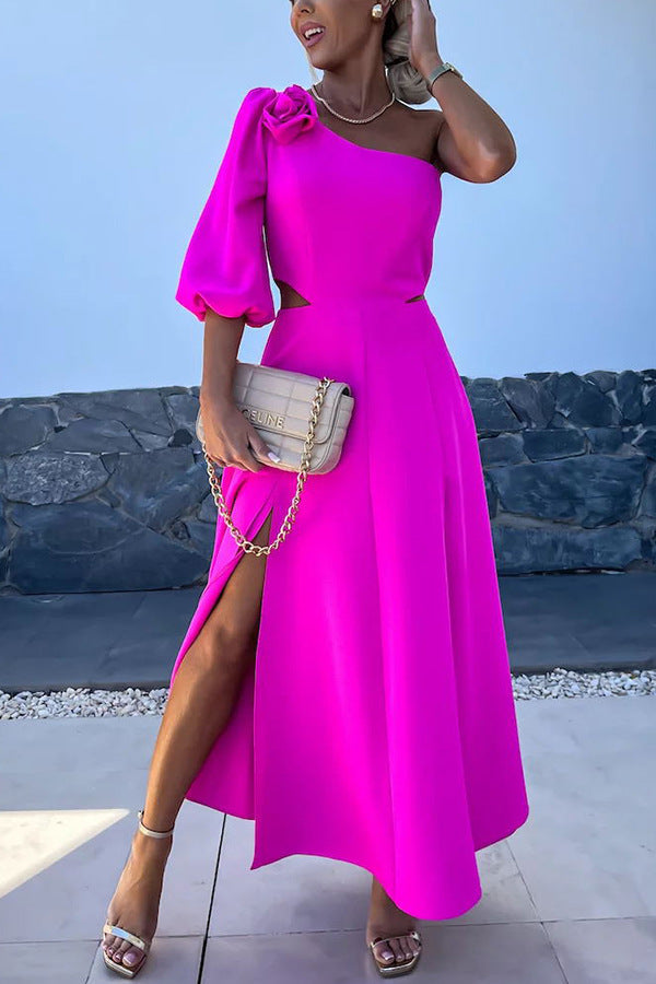 Rosette One-Shoulder Split Satin Midi Dress