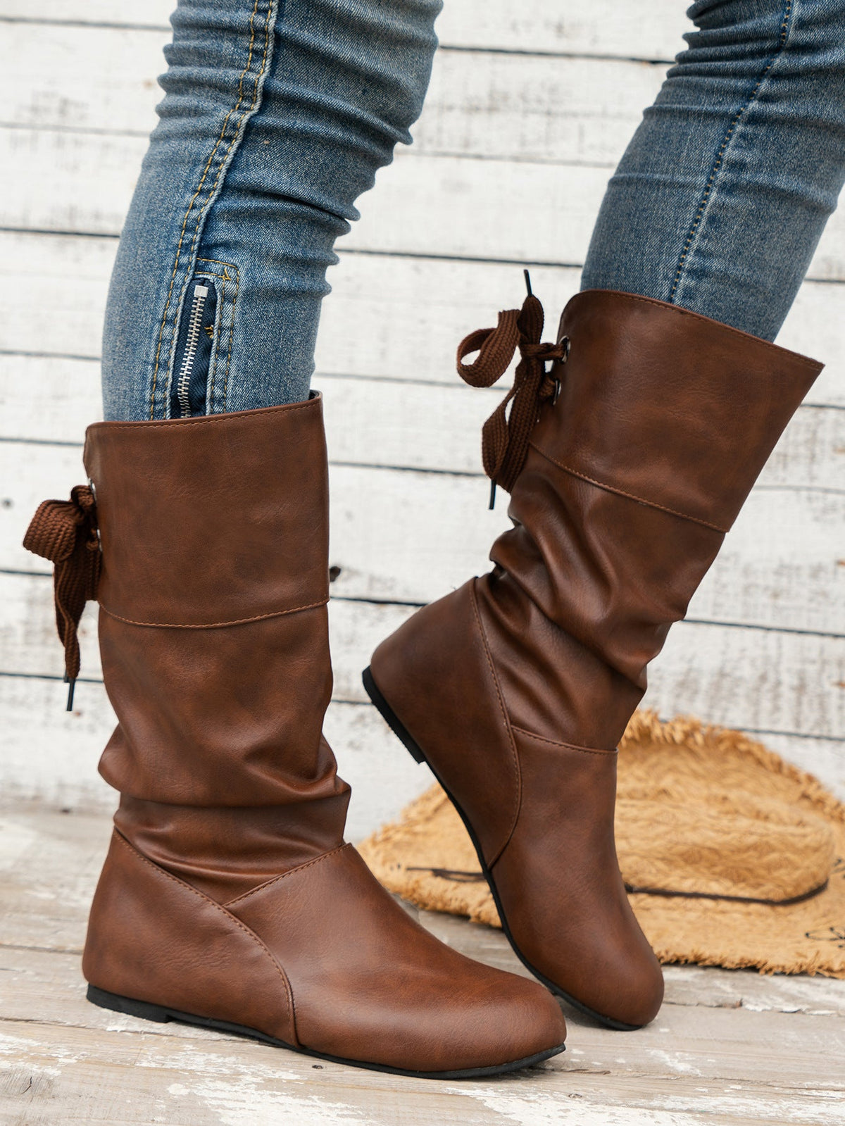 Back-Tie Trim Mid-Calf Leather Boots