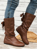 Back-Tie Trim Mid-Calf Leather Boots