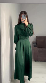 Solid Long-sleeved Belted Midi Dress