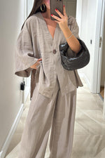 Casual Linen Top and High-Waist Pants Two-Piece Suit