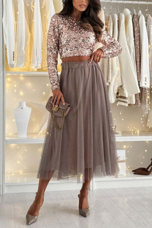 Sequined Cropped Top and Mesh Skirt Two Piece Set