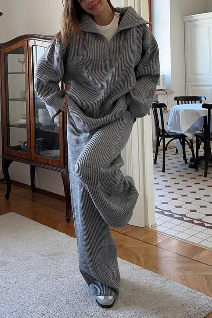 Cozy Ribbed Knit Sweater and Wide-Leg Pants Two-Piece Set