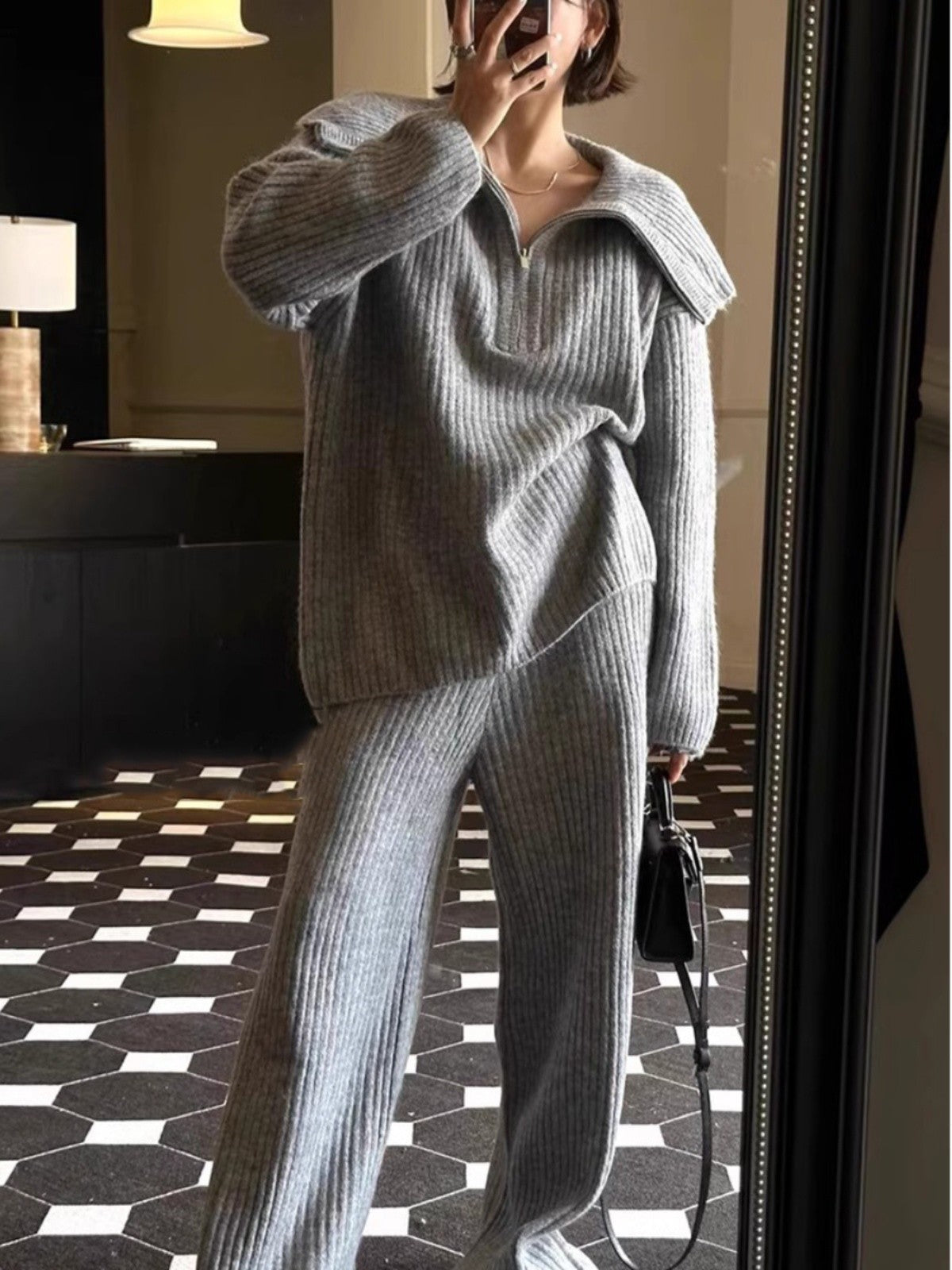 Slouchy Zippered Knit Sweater and Wide-Leg Pants Two-Piece Set