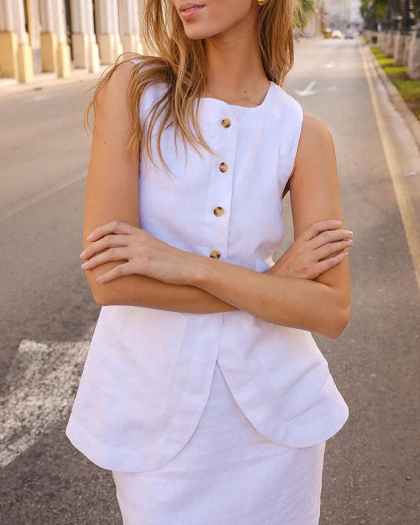 White Sleeveless Vest and Skirt Linen Two Piece Suits