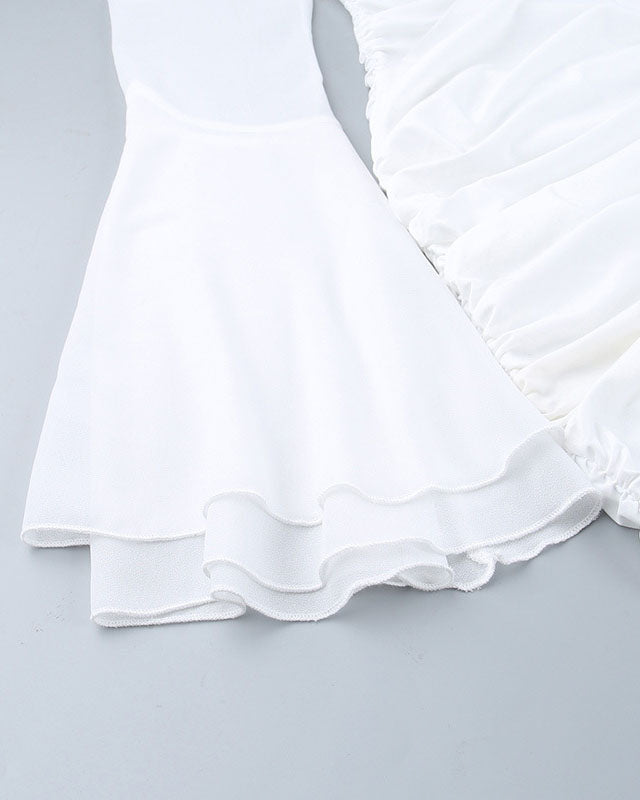 White V Neck Bell Sleeve Bodycon Dress