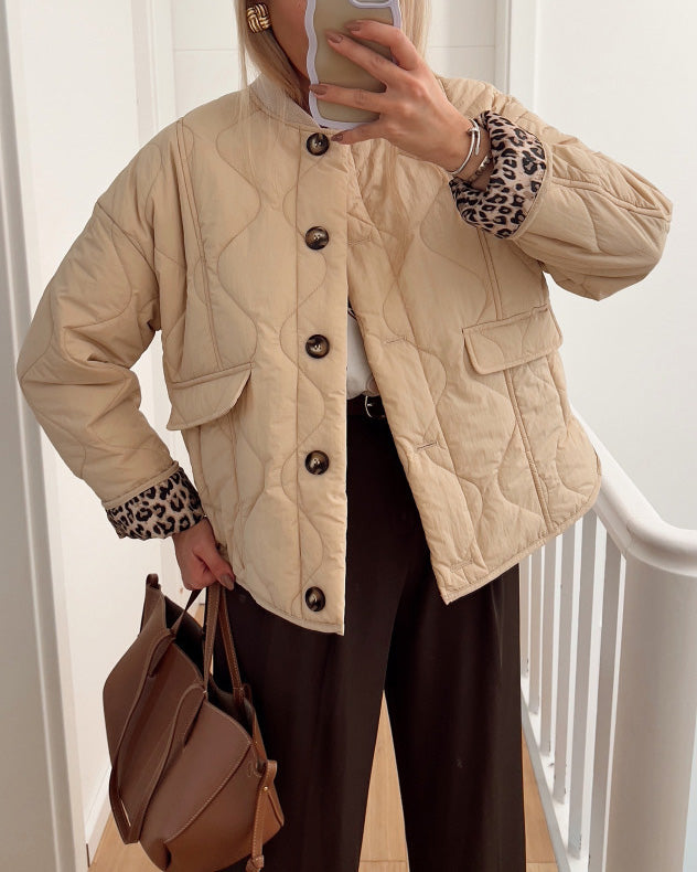 Casual Leopard Lining Quilted Button Down Jacket