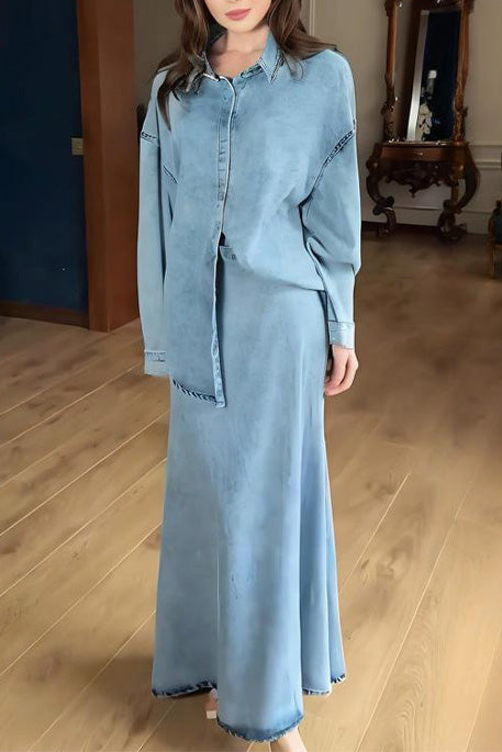 Blue Denim Shirt and Maxi Denim Skirt Two Piece Sets