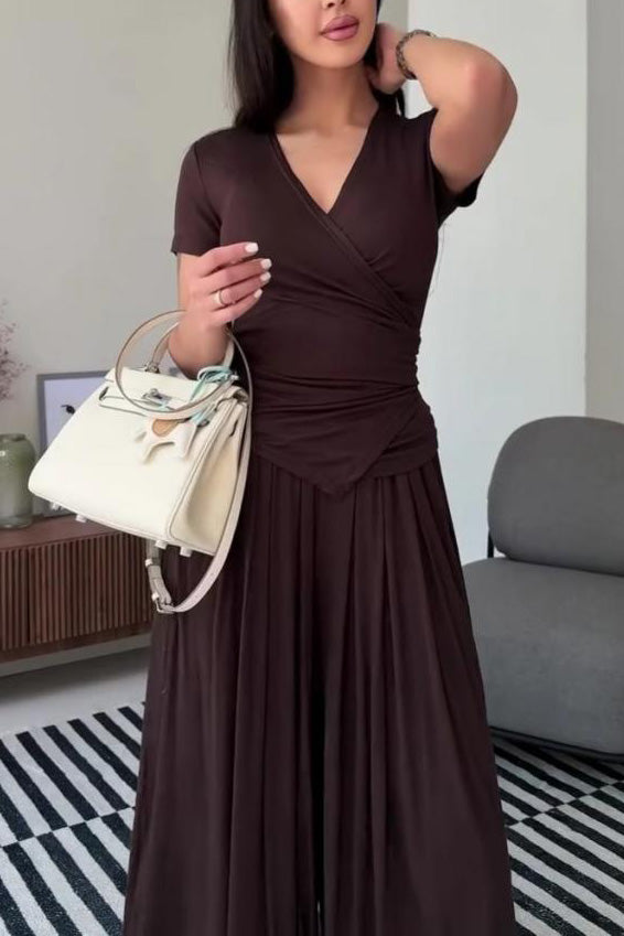 Casual Slim Fit Top and Wide-Leg Pants Two-Piece Suit