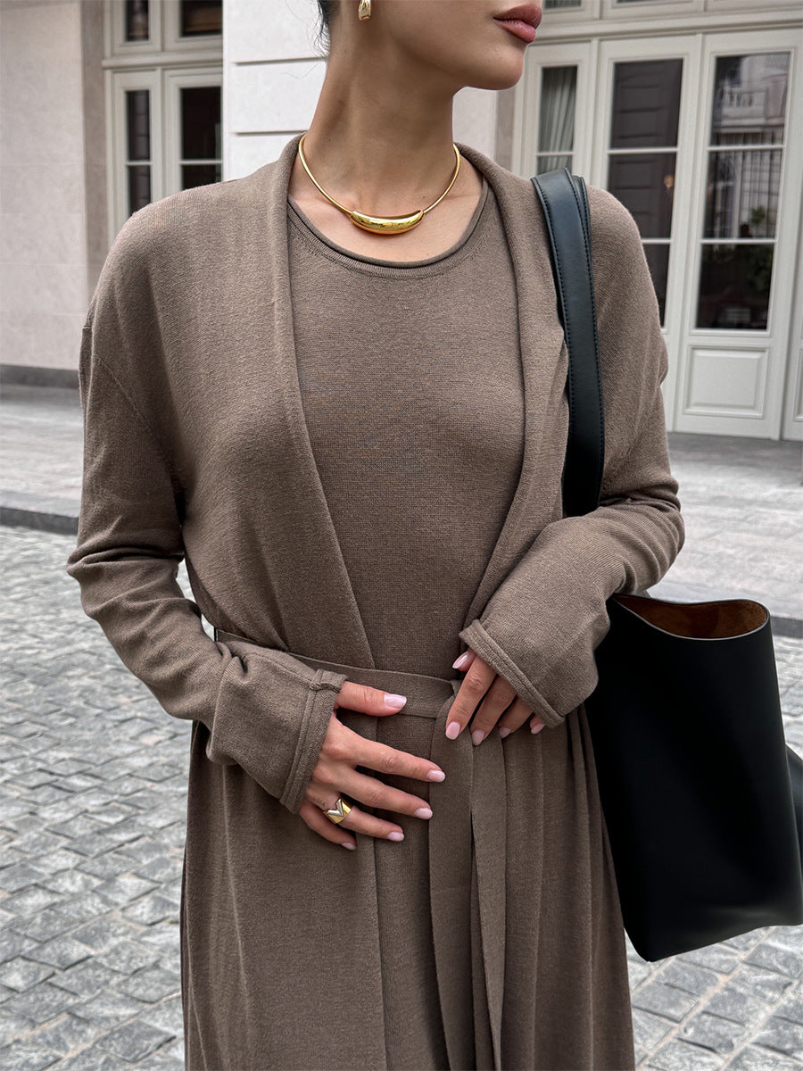 White Knit Midi Dress and Long Cardigan Two Piece Suit
