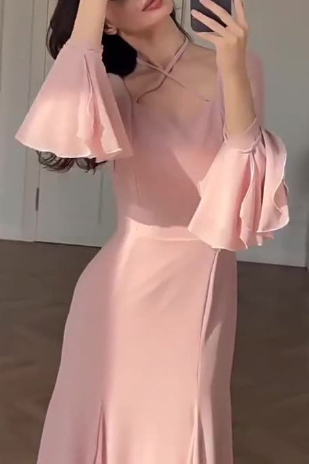 Pink Crossover Neck Slim Maxi Dress