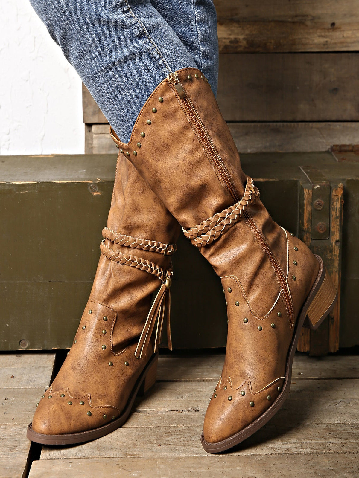 Rivet Belt Tassel Trim Mid-calf Martin Boots