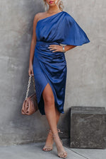 Elegant One Shoulder Satin Drape Midi Dress