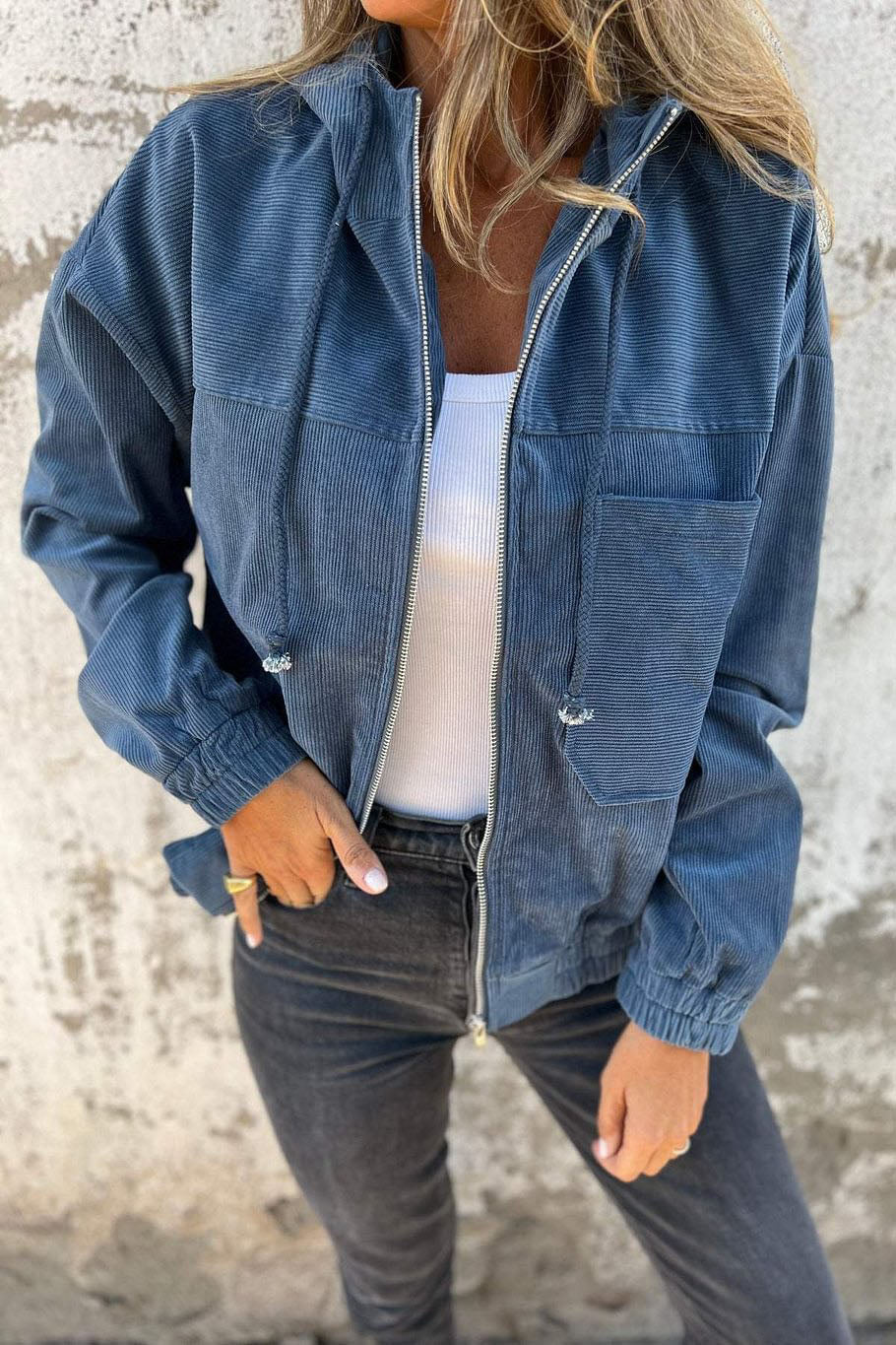 Casual Corduroy Hooded Zip-Up Jacket