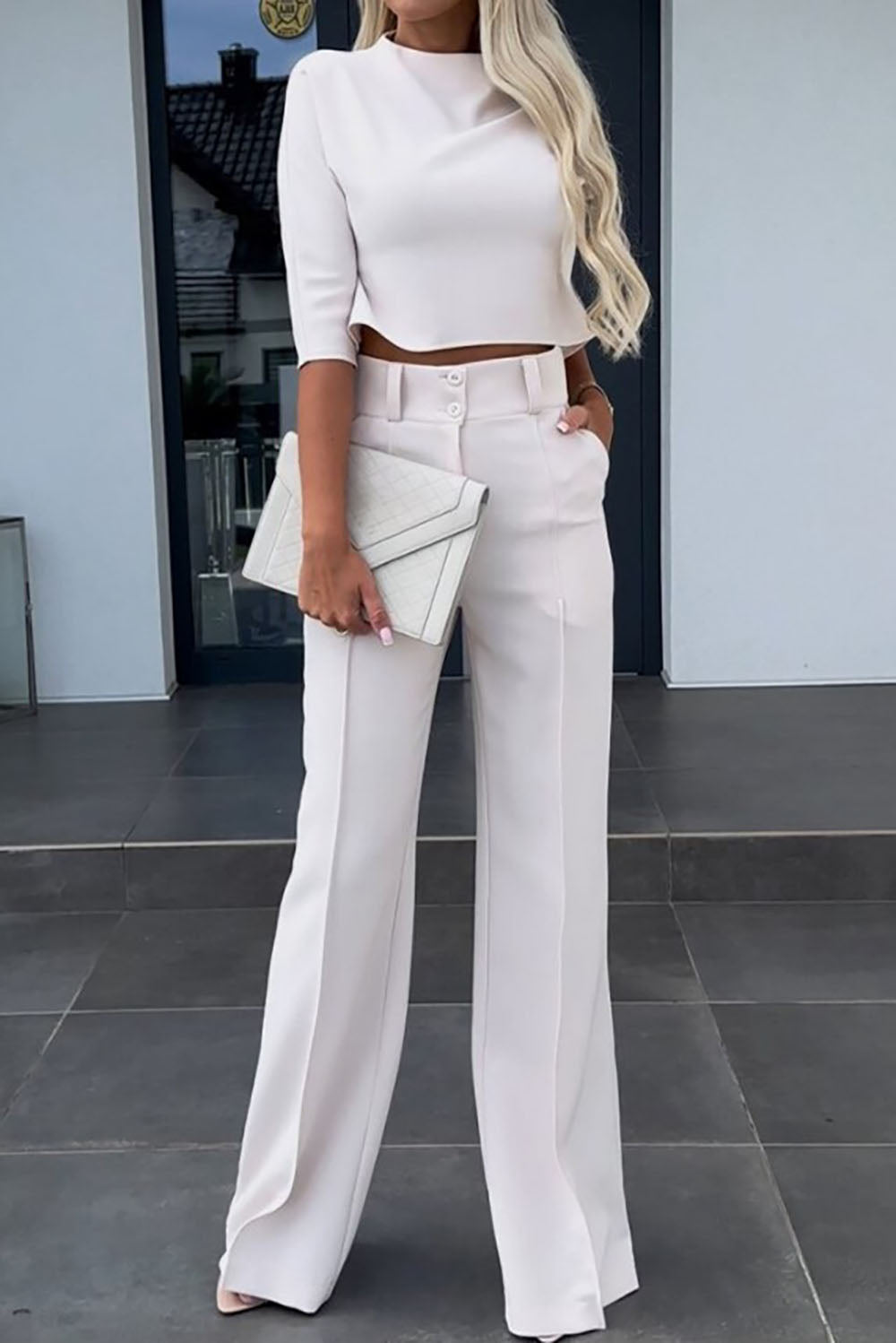 Business Casual Crop Top and Wide-Leg Pants Two Piece Set
