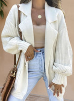 White Notched Lapel Lantern Sleeve Longline Cardigan