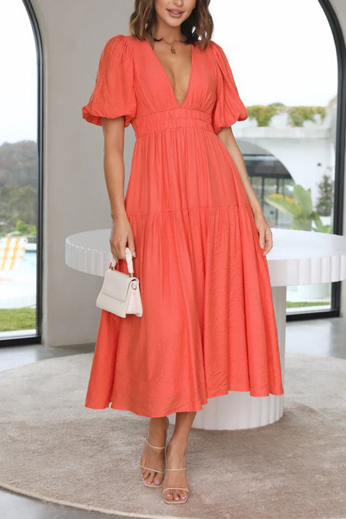 Solid Puff Sleeve Midi Dress