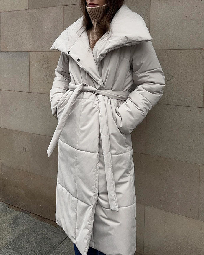 Large Lapel Tie Belted Long Cotton-Pad coat