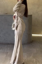 Beige Drape Tie Shirt Top and Skirt Two-Piece Set