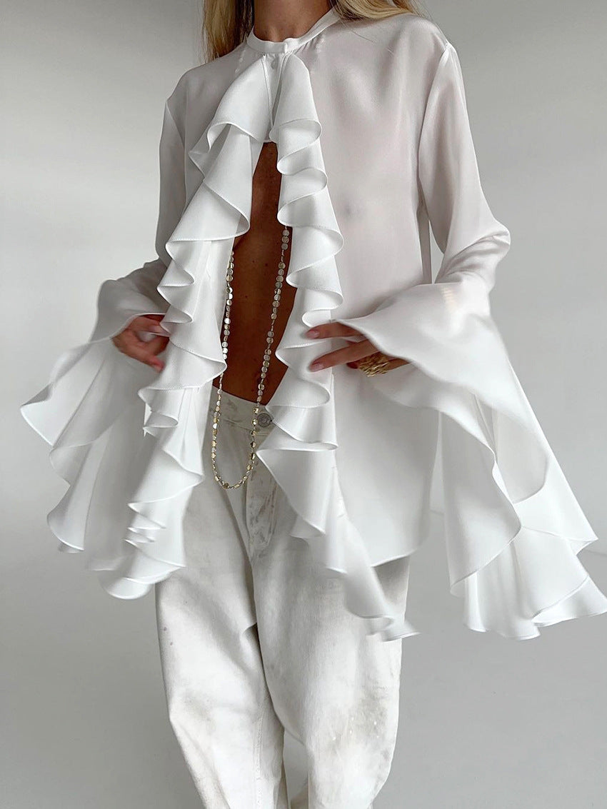 Solid Bell Cuffs Chiffon Ruffled Shirt