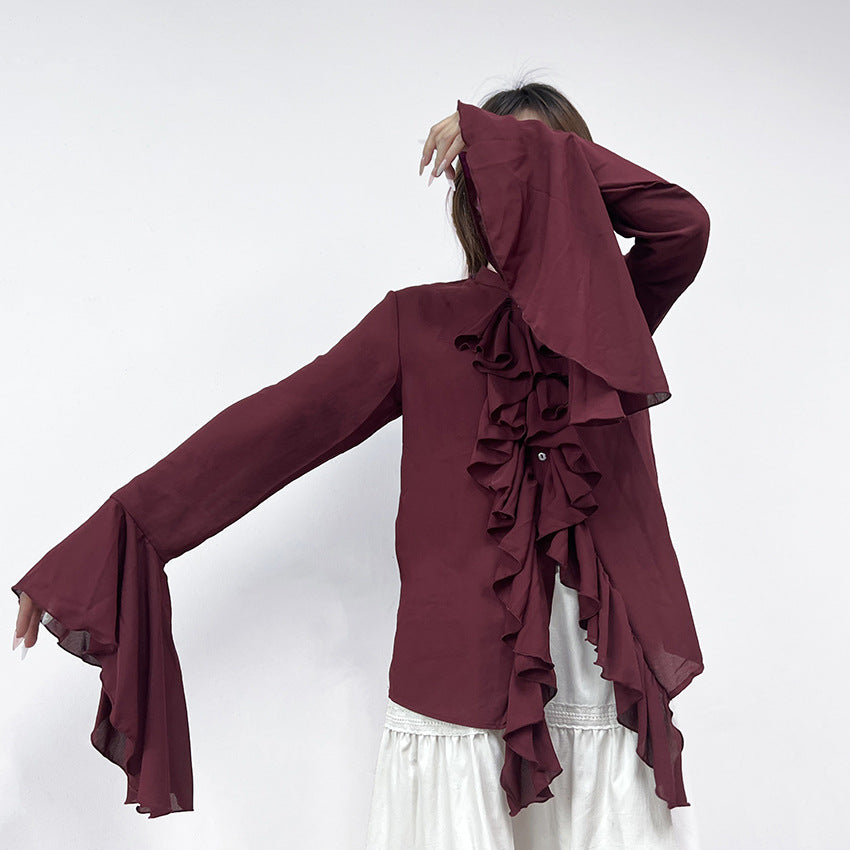 Solid Bell Cuffs Chiffon Ruffled Shirt
