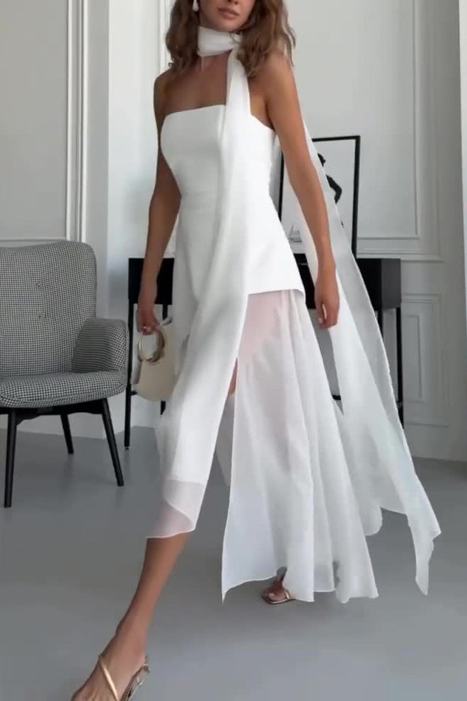 White Strapless Tube Semi-Sheer Midi Dress