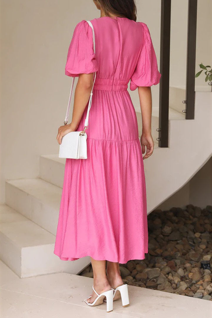 Solid Puff Sleeve Midi Dress