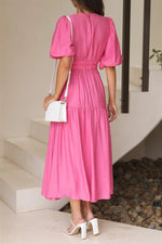 Solid Puff Sleeve Midi Dress
