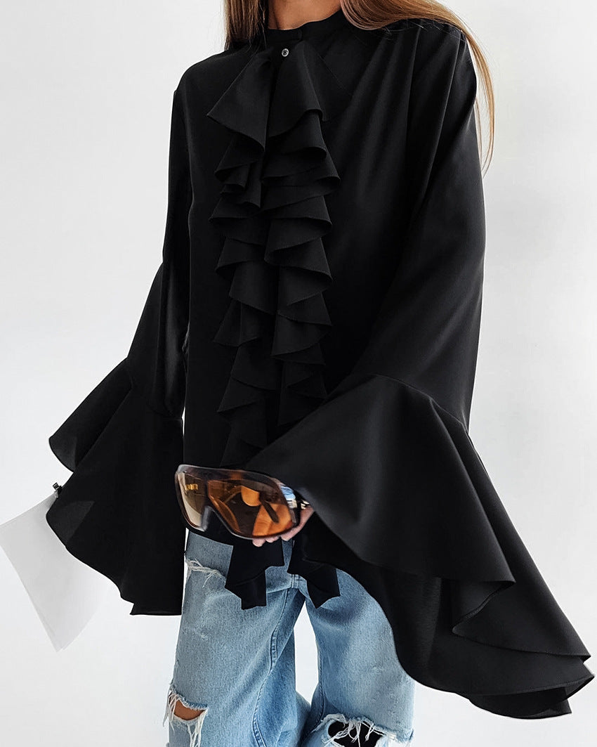 Solid Bell Cuffs Chiffon Ruffled Shirt