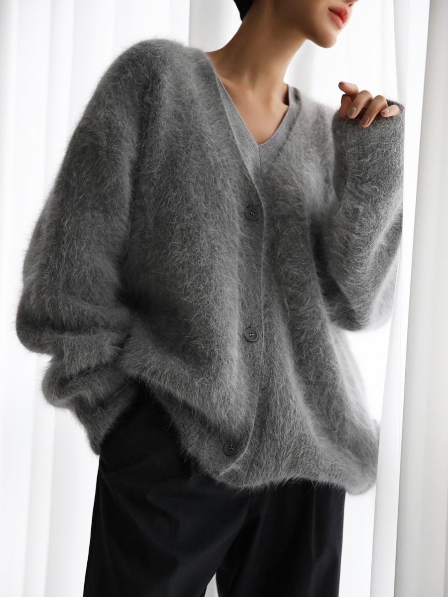 Fuzzy Long Sleeve Buttoned Knit Cardigan