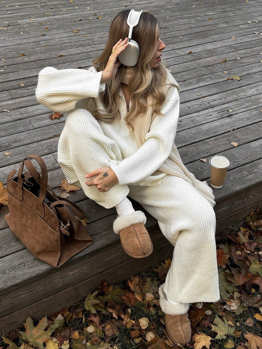 Cozy Ribbed Knit Sweater and Wide-Leg Pants Two-Piece Set